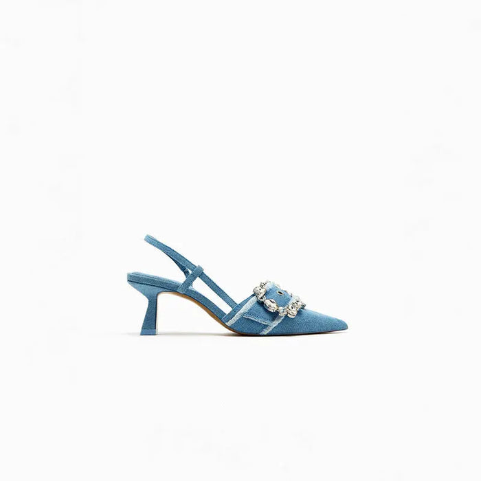 Denim Rhinestone Buckle Heels fashionnsio