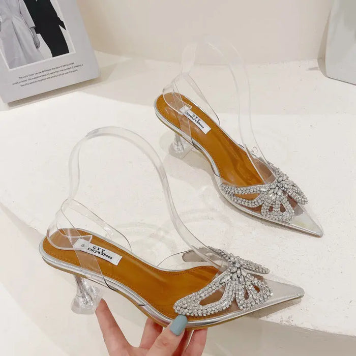 Transparent Rhinestone Butterfly Pointed  Heel fashionnsio