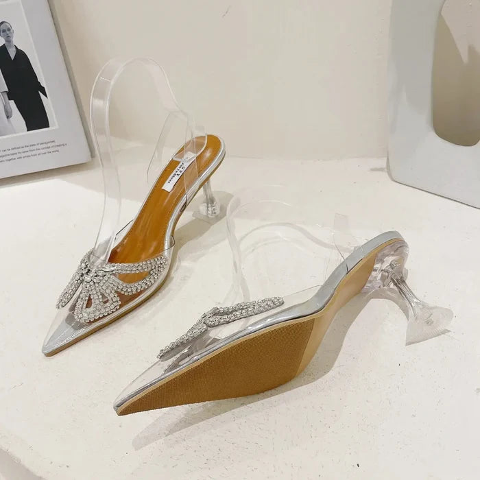 Transparent Rhinestone Butterfly Pointed  Heel fashionnsio