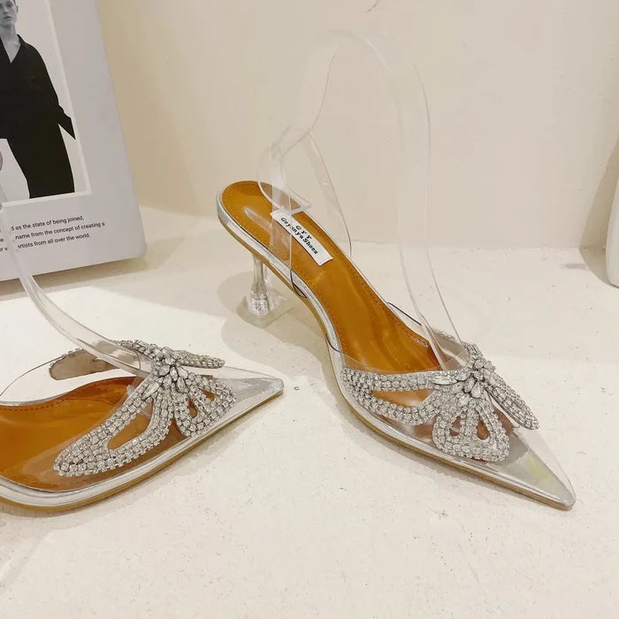 Transparent Rhinestone Butterfly Pointed  Heel fashionnsio