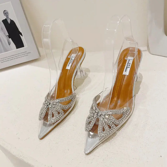 Transparent Rhinestone Butterfly Pointed  Heel fashionnsio