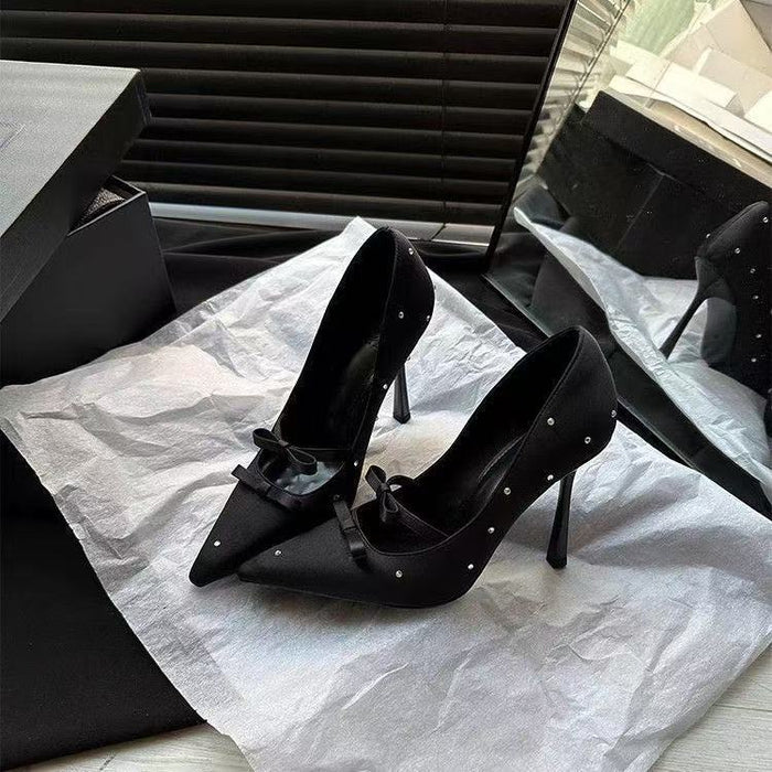 Diamond Studded Bow Pointed Heels - Fashionnsio