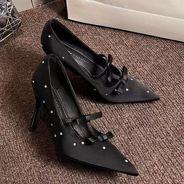 Diamond Studded Bow Pointed Heels - Fashionnsio
