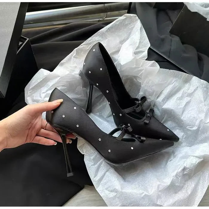 Diamond Studded Bow Pointed Heels - Fashionnsio