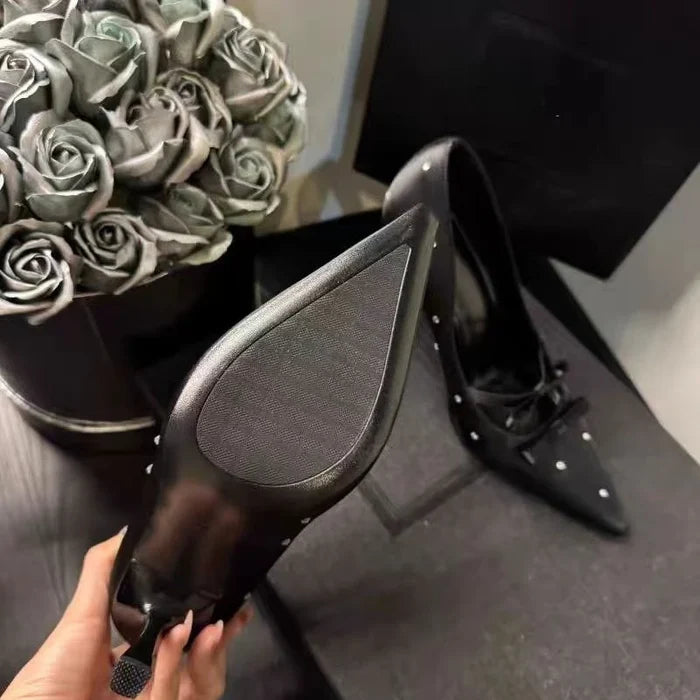 Diamond Studded Bow Pointed Heels - Fashionnsio