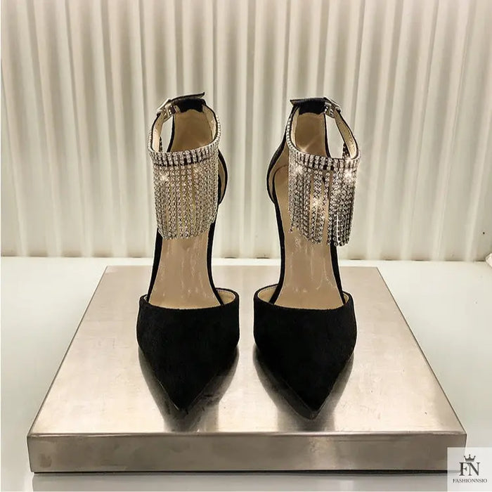 Diamond Tassel Ankle Strap Pointed Heels - Fashionnsio