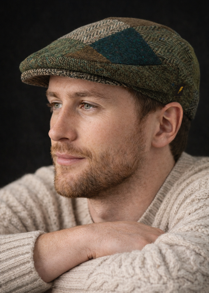 Donegal Tweed Flat Cap | Green Patch | Handcrafted Irish Wool Cap
