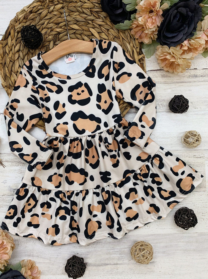 Girls Casual Fall Dresses | Leopard Print Long Sleeve Ruffle Dress