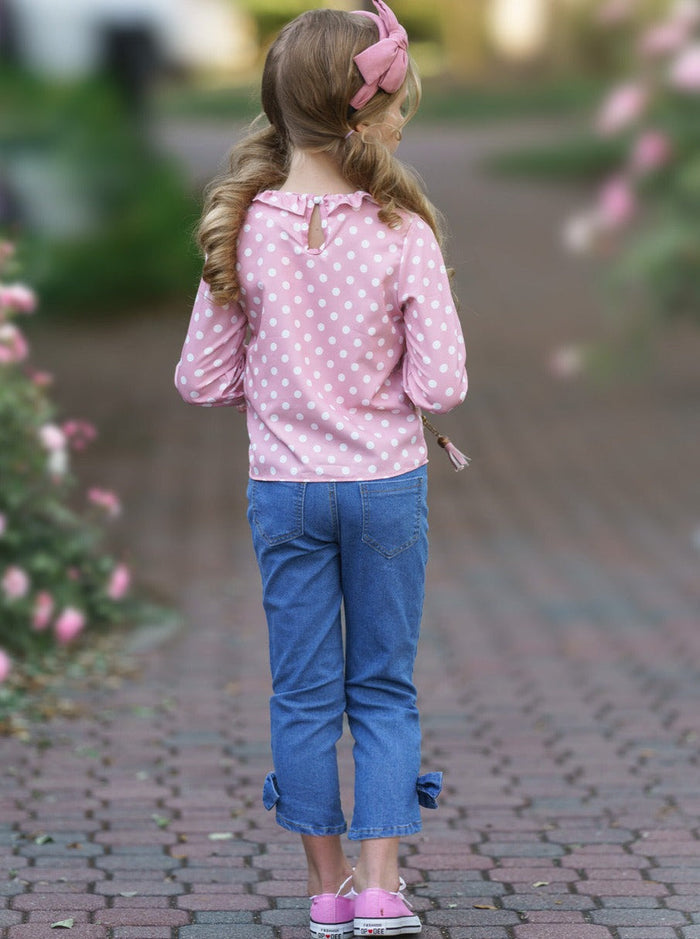 Toddlers Fall Outfits | Girls Ruffle Polka Dot Top & Bow Jeans Set