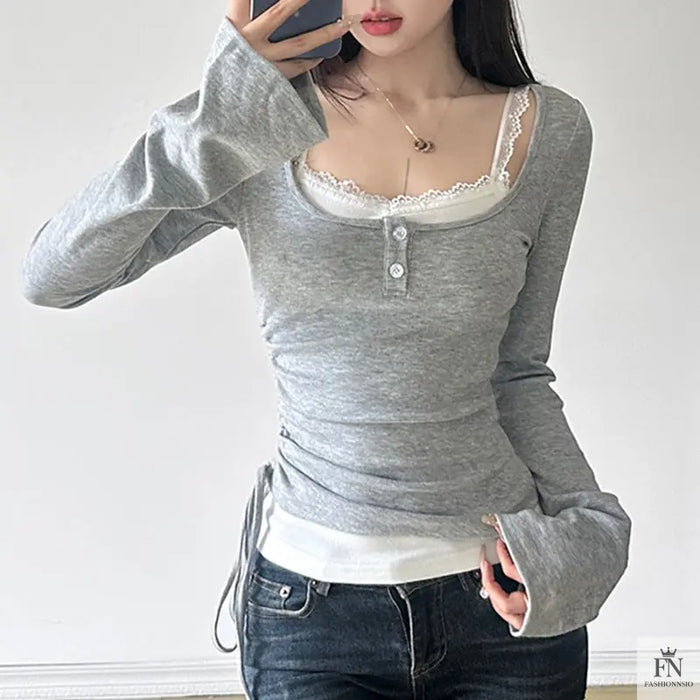 Drawstring Two-piece Long Sleeve Top - Fashionnsio