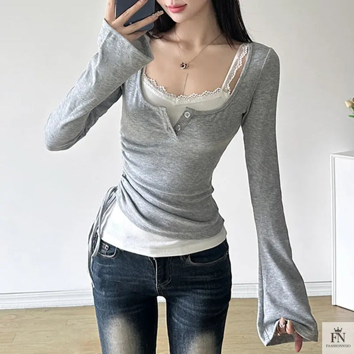 Drawstring Two-piece Long Sleeve Top - Fashionnsio