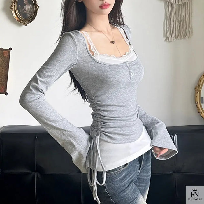 Drawstring Two-piece Long Sleeve Top - Fashionnsio
