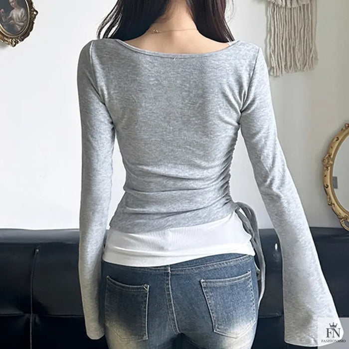 Drawstring Two-piece Long Sleeve Top - Fashionnsio