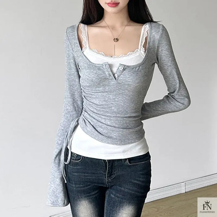 Drawstring Two-piece Long Sleeve Top - Fashionnsio