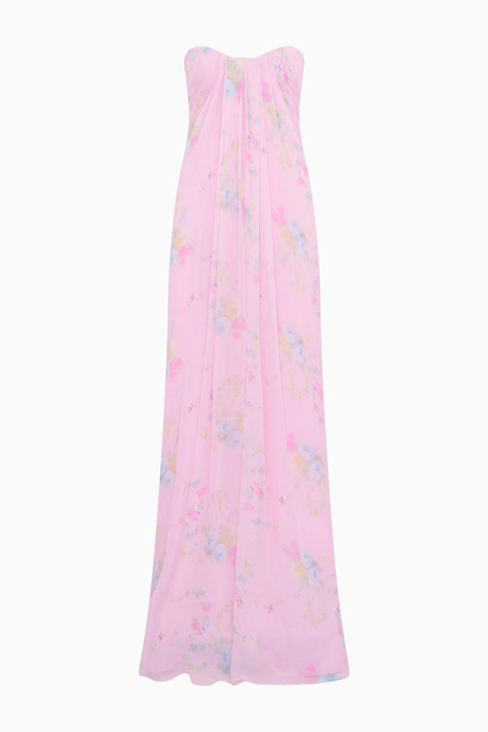 Pink strapless dress with colorful pattern on a white background