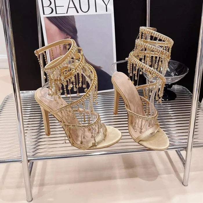 Embellished Crystal Tassel Heels fashionnsio