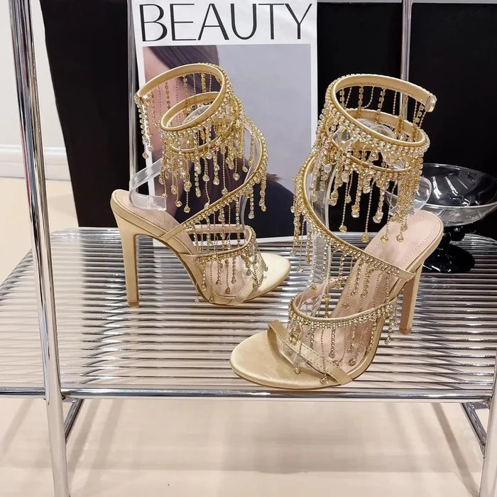 Embellished Crystal Tassel Heels fashionnsio