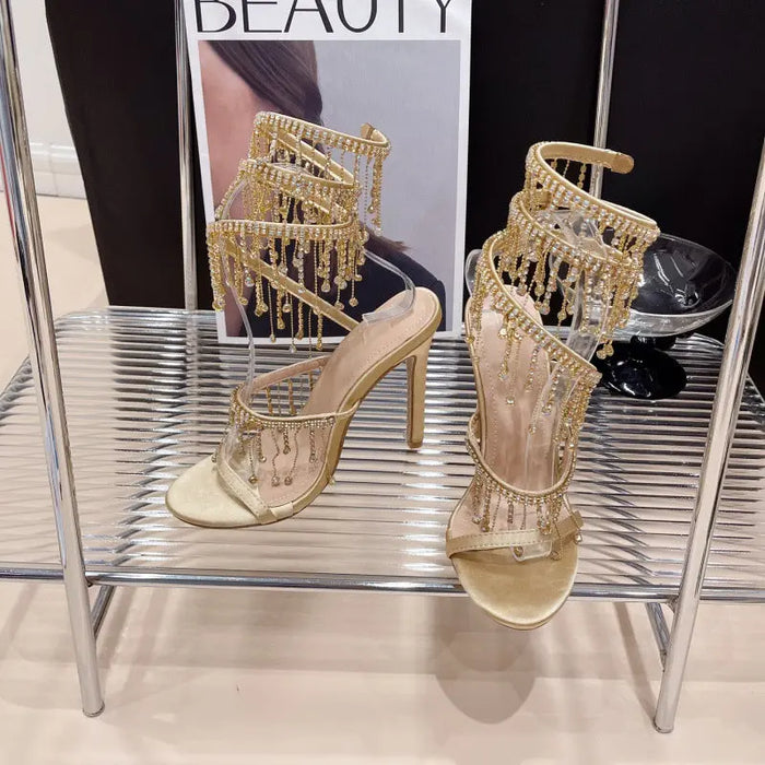 Embellished Crystal Tassel Heels fashionnsio