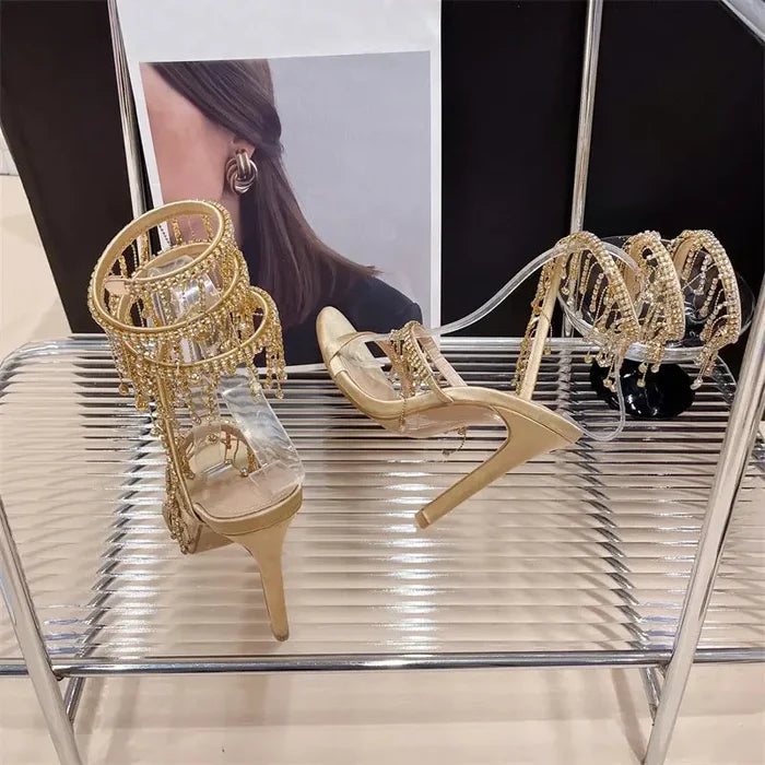 Embellished Crystal Tassel Heels fashionnsio