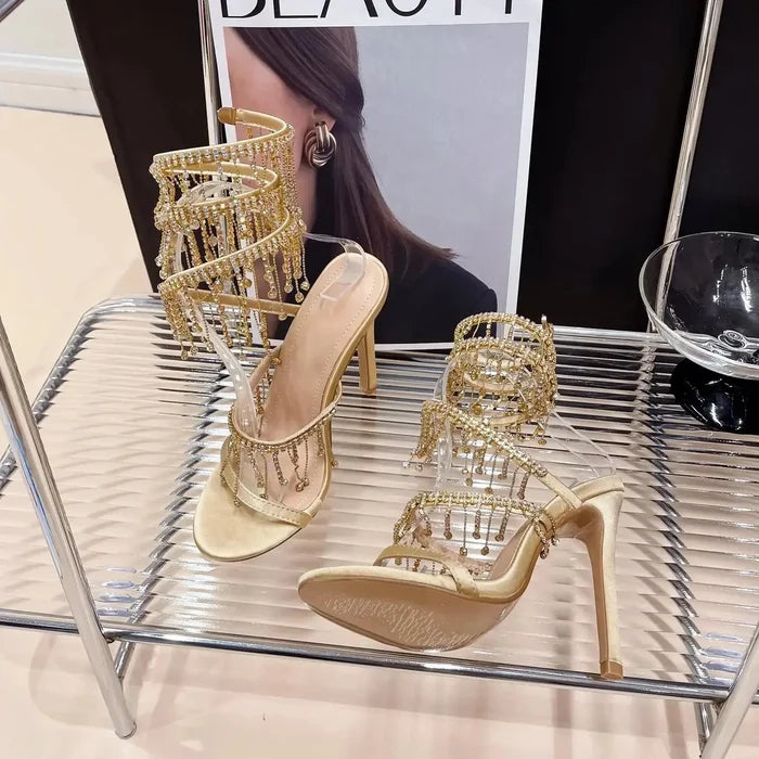 Embellished Crystal Tassel Heels fashionnsio