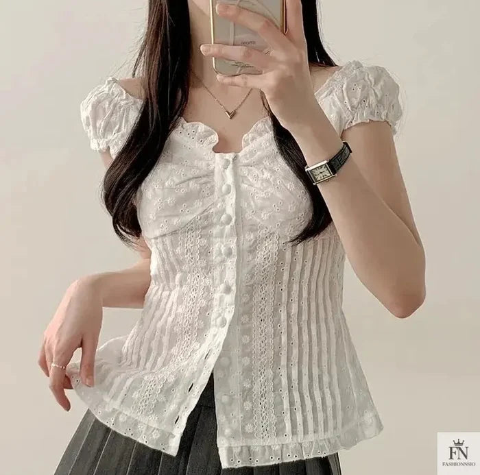 Embroidered Lace Y2k Tops - Fashionnsio