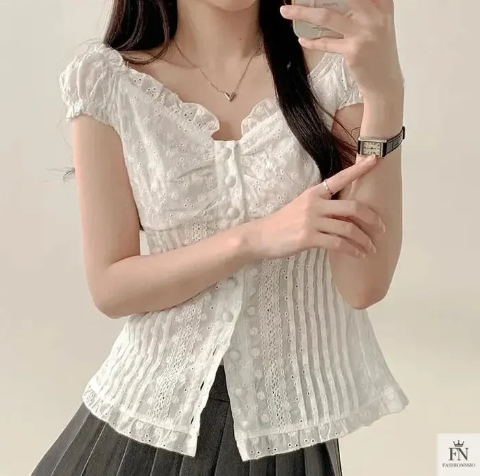 Embroidered Lace Y2k Tops - Fashionnsio