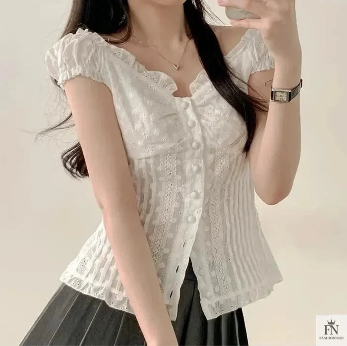 Embroidered Lace Y2k Tops - Fashionnsio