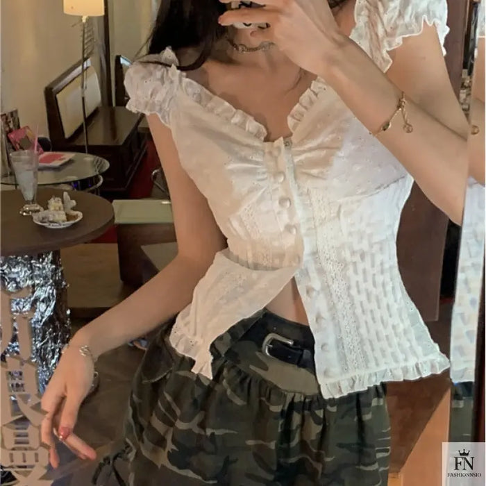 Embroidered Lace Y2k Tops - Fashionnsio