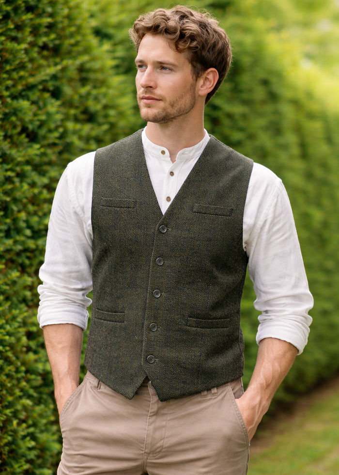 Emerald Isle Herringbone Tweed Waistcoat – Olive Green