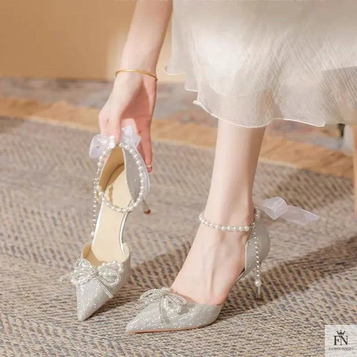 Fairy Bow Pearl Sequin Heels - Fashionnsio