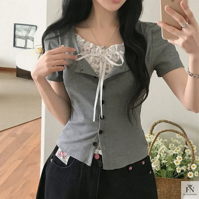 Fake 2 Piece Lace Bow Top - Fashionnsio