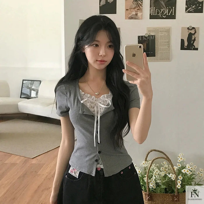 Fake 2 Piece Lace Bow Top - Fashionnsio