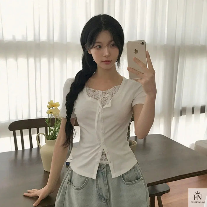 Fake 2 Piece Lace Bow Top - Fashionnsio