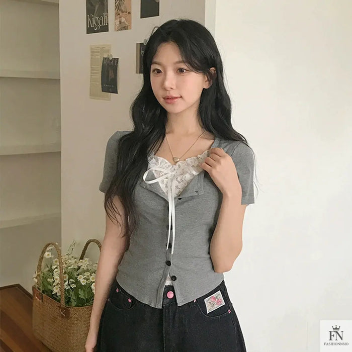 Fake 2 Piece Lace Bow Top - Fashionnsio