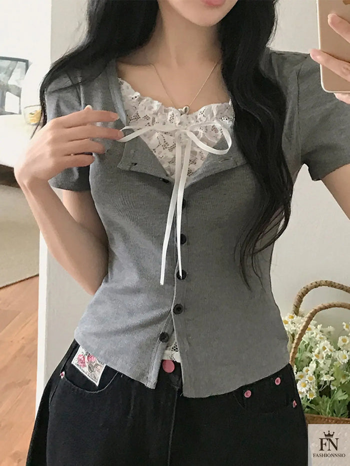 Fake 2 Piece Lace Bow Top - Fashionnsio