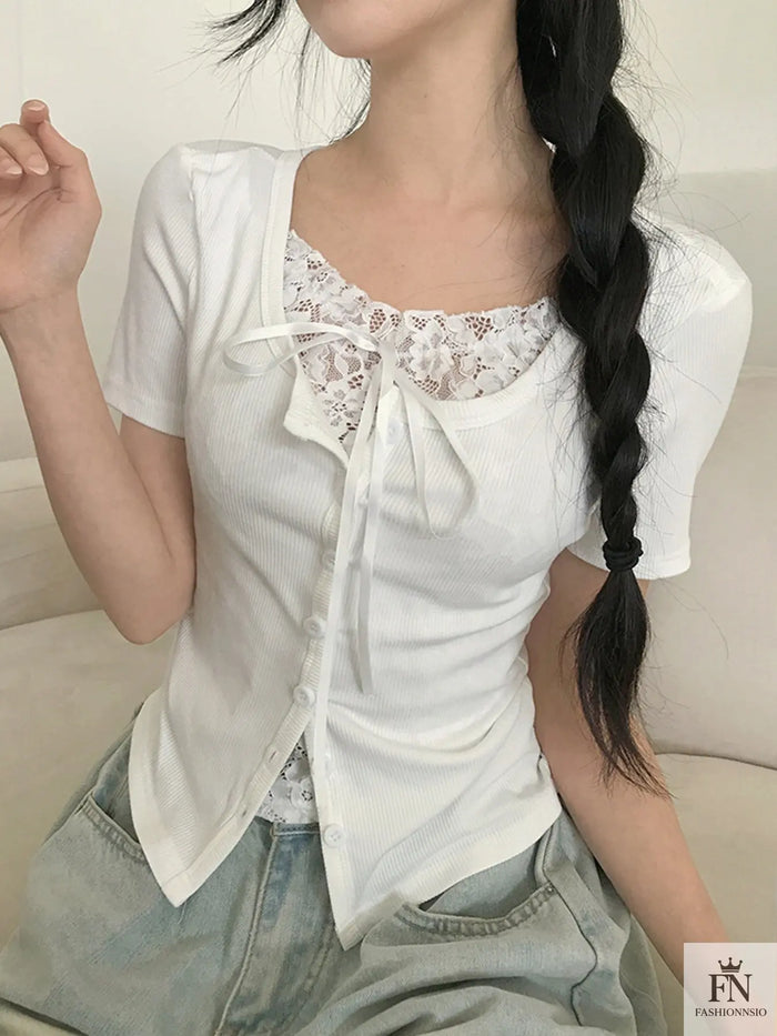 Fake 2 Piece Lace Bow Top - Fashionnsio