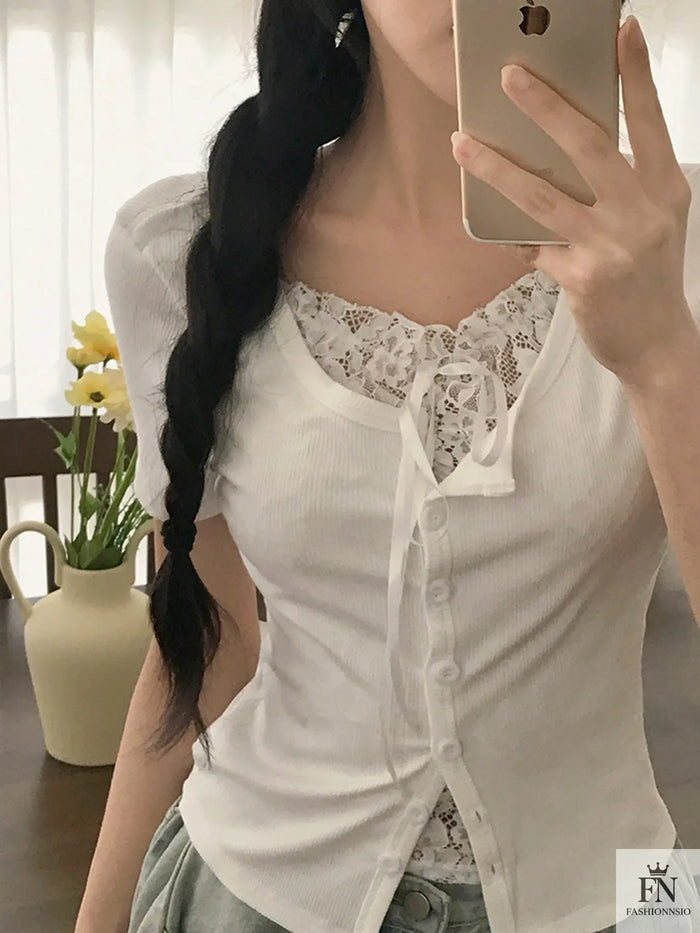 Fake 2 Piece Lace Bow Top - Fashionnsio