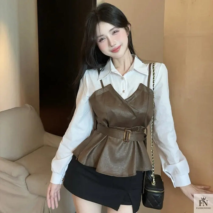 Fake Two-piece Belt Shirt Top - Fashionnsio