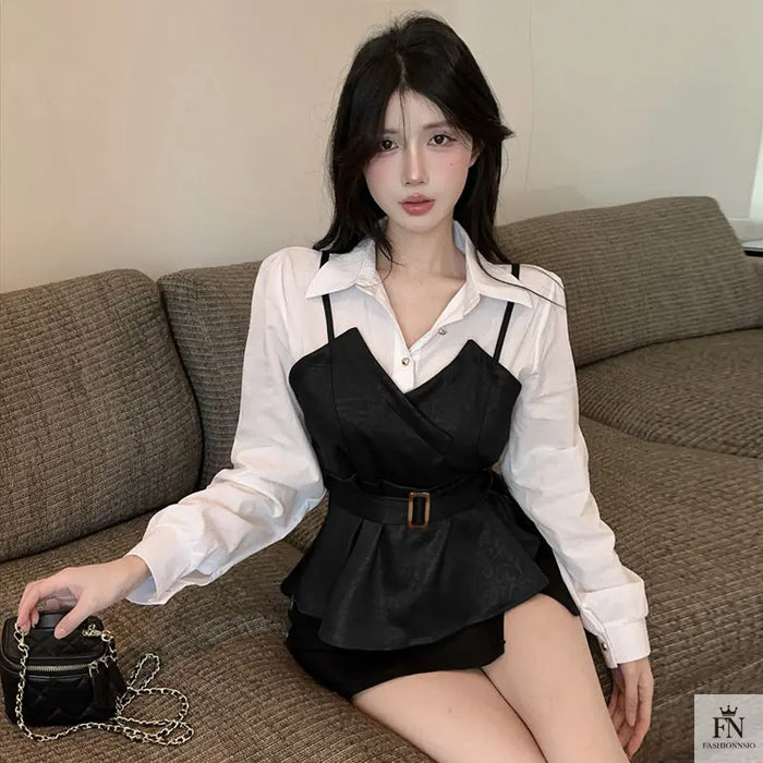 Fake Two-piece Belt Shirt Top - Fashionnsio