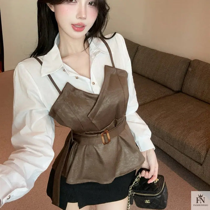 Fake Two-piece Belt Shirt Top - Fashionnsio