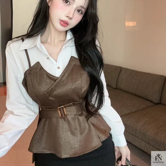 Fake Two-piece Belt Shirt Top - Fashionnsio
