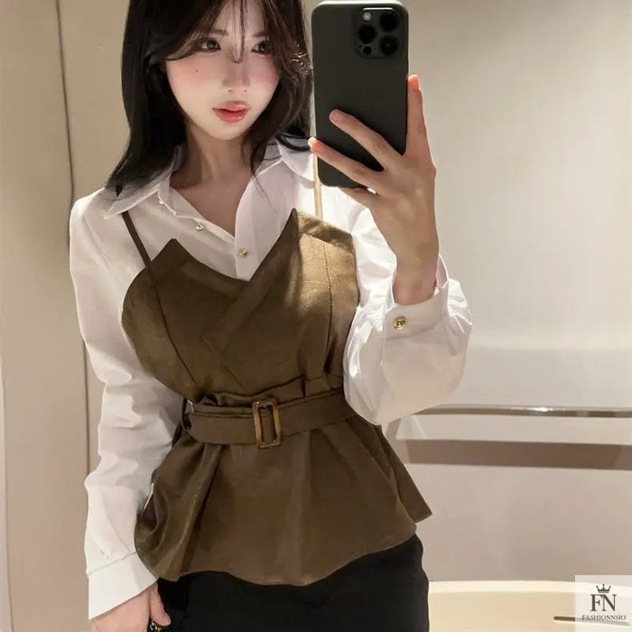 Fake Two-piece Belt Shirt Top - Fashionnsio