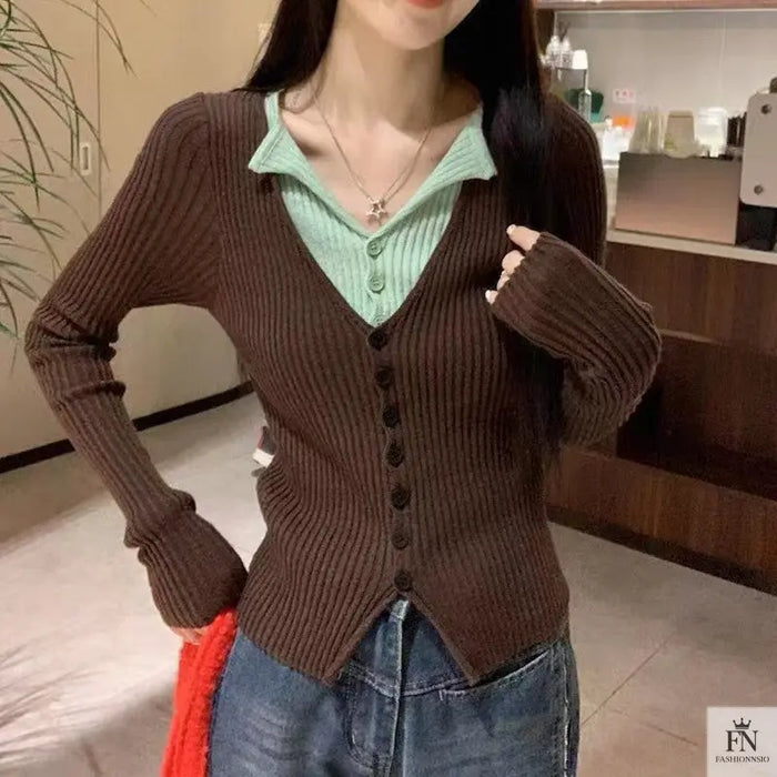 Fake Two Piece Button Ribbed Top - Fashionnsio
