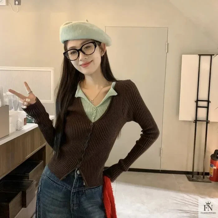 Fake Two Piece Button Ribbed Top - Fashionnsio