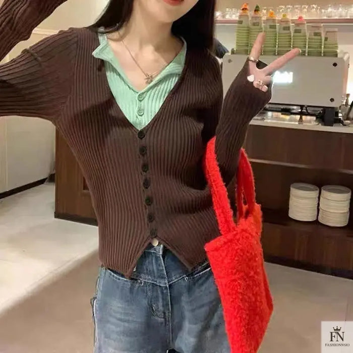 Fake Two Piece Button Ribbed Top - Fashionnsio
