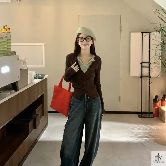 Fake Two Piece Button Ribbed Top - Fashionnsio