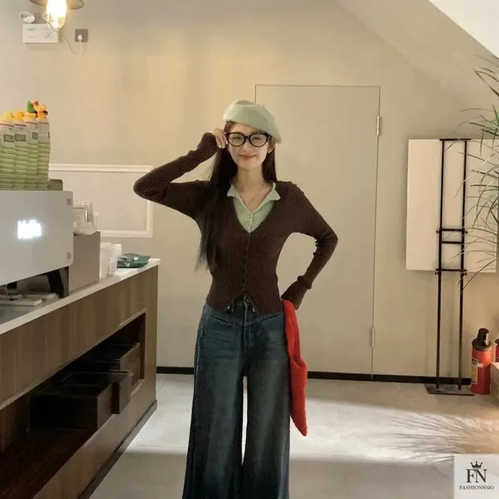 Fake Two Piece Button Ribbed Top - Fashionnsio