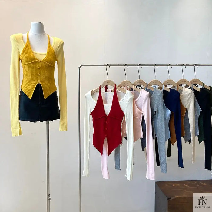 Fake Two-piece Long Sleeve Top - Fashionnsio