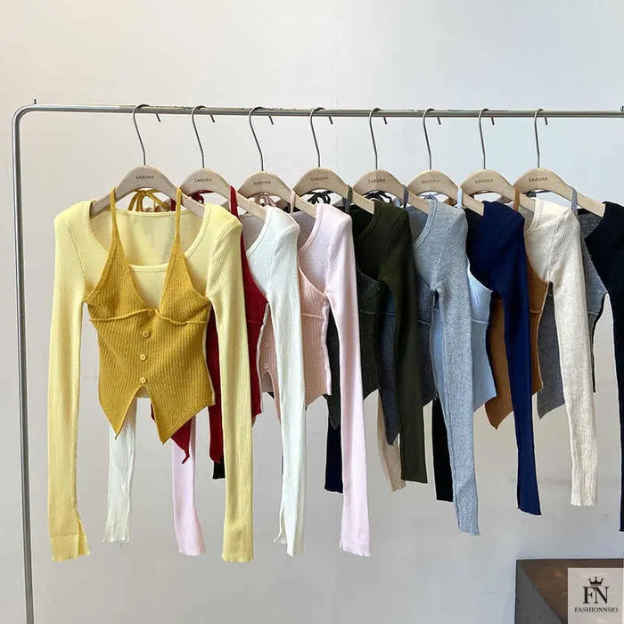 Fake Two-piece Long Sleeve Top - Fashionnsio