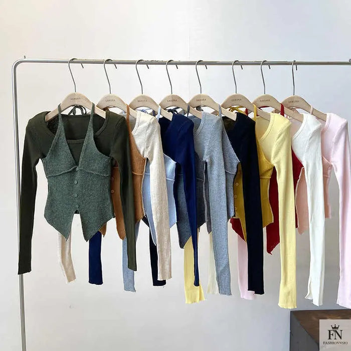 Fake Two-piece Long Sleeve Top - Fashionnsio